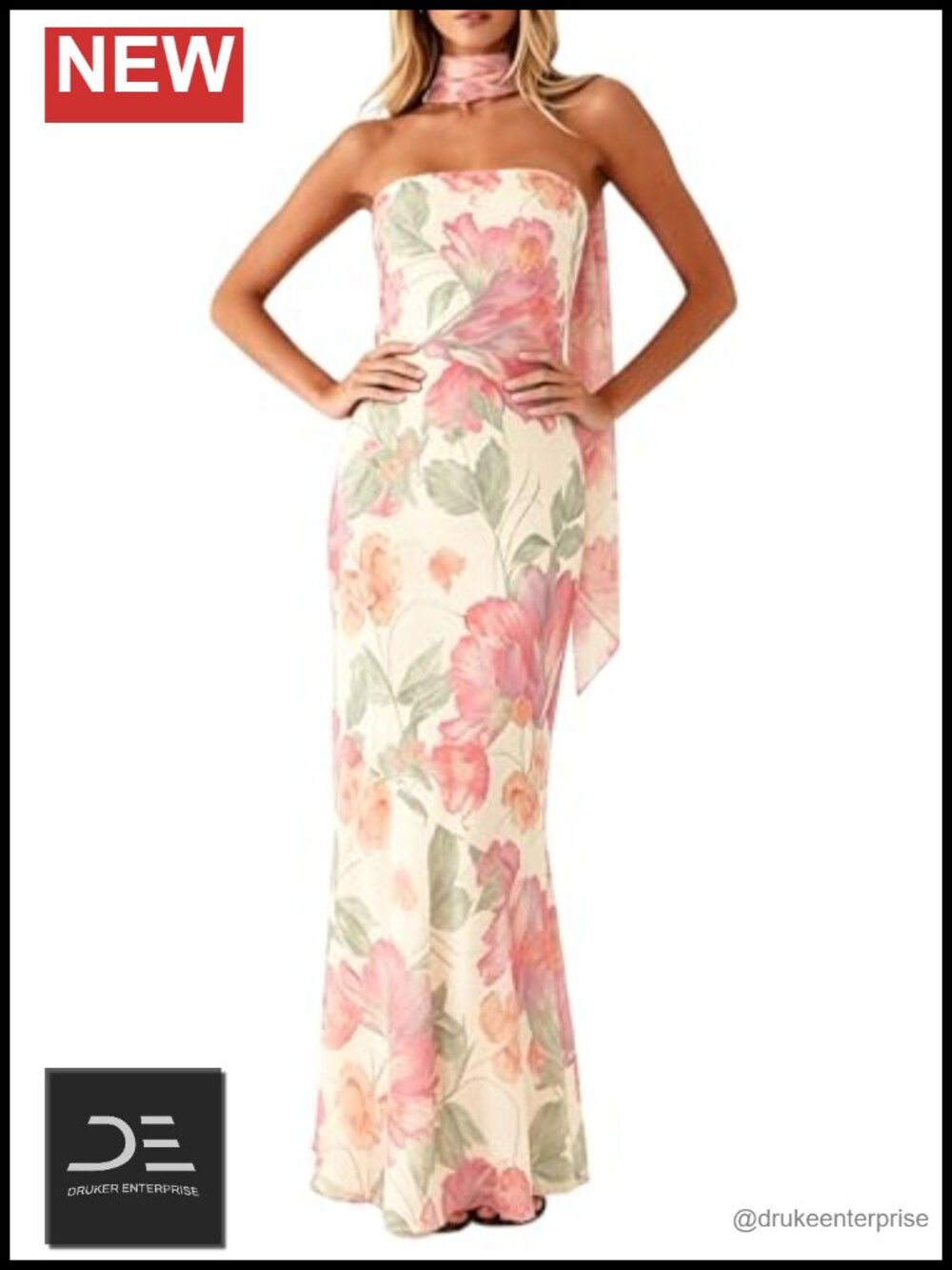 Women Strapless Bodycon Floral Dress with Scarf Mesh Tube Maxi Dress